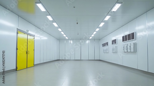 Cleanroom interior with yellow emergency exit door, white walls, tiled floor, and lighting