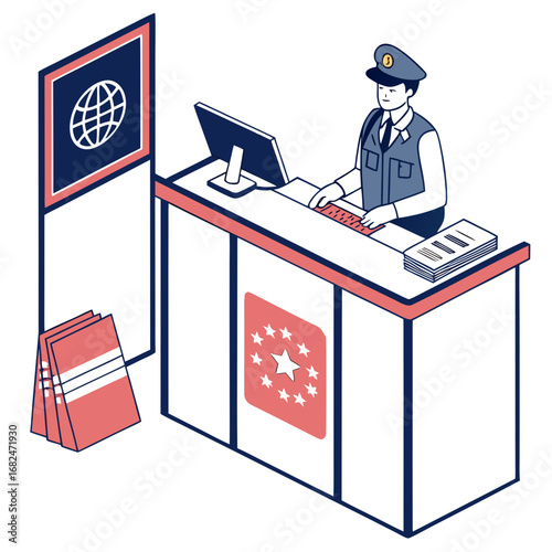 Border control officer at desk with computer and documents keyboard