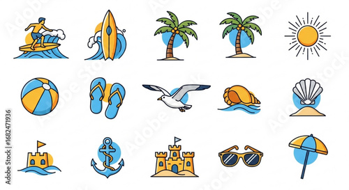 Summer vacation vector icons set surfer surfboard palm tree beach ball sunglasses flip flops sun anchor 100