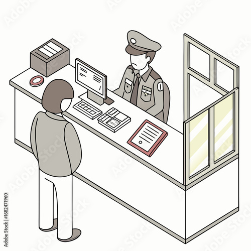 Border control officer checking documents at desk passport control immigration