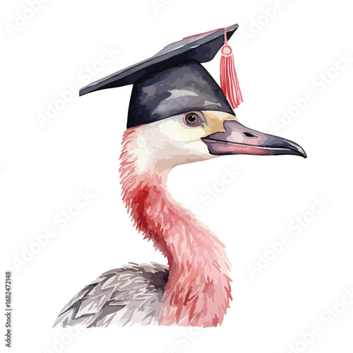 Elegant watercolor bird portrait wearing a graduation cap with a red tassel