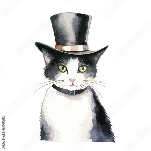 Elegant tuxedo cat with piercing yellow eyes wearing a distinguished top hat