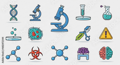 Science lab equipment icons dna microscope flask petri dish molecule brain biohazard warning vector