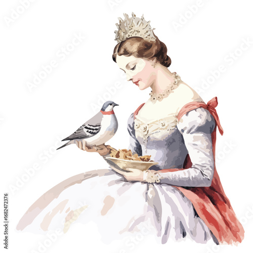Elegant Woman with Crown Holding Bird and Bowl of Food in Vintage Style