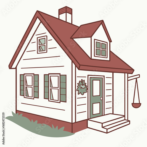 Charming red roofed house with green shutters and front porch home dwelling