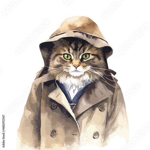 Feline Detective A tabby cat wearing a tan trench coat and matching hat