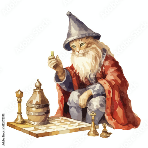 Feline Wizard Contemplating a Chess Move with Golden Pieces
