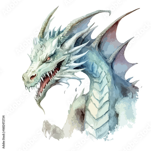 Fierce Dragon Head with Red Eyes and Open Mouth Watercolor Style