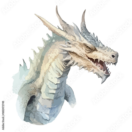 Fierce Dragon Head with Spiked Horns and Open Jaws Watercolor Style