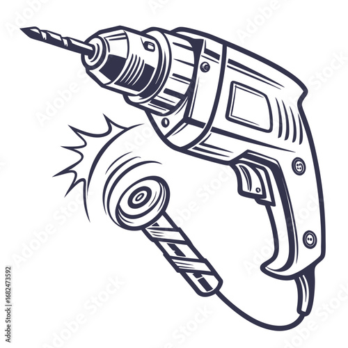 Dark blue power drill with spinning drill bit power tool drilling