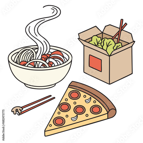 Delicious Food Assortment pizza noodles