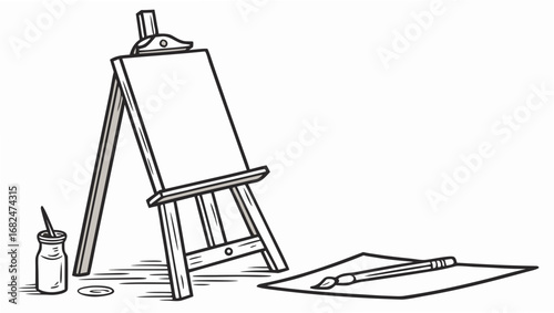 Easel with Canvas Paintbrush and Jar art supplies