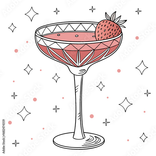 Elegant coupe cocktail with strawberry garnish and sparkling accents coupe glass