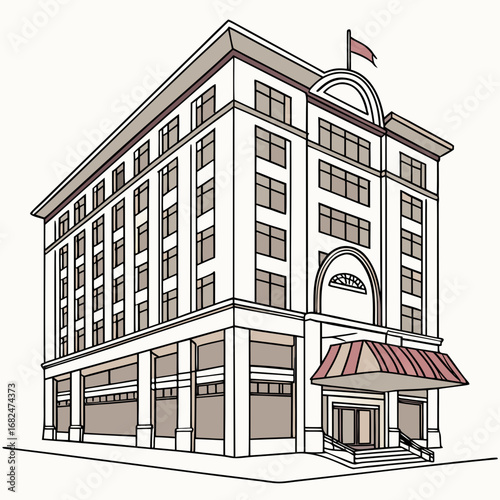 Elegant multi story building with arched entrance and flag architecture facade