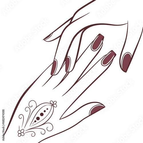 Elegant hands with dark red polished nails and henna design manicure
