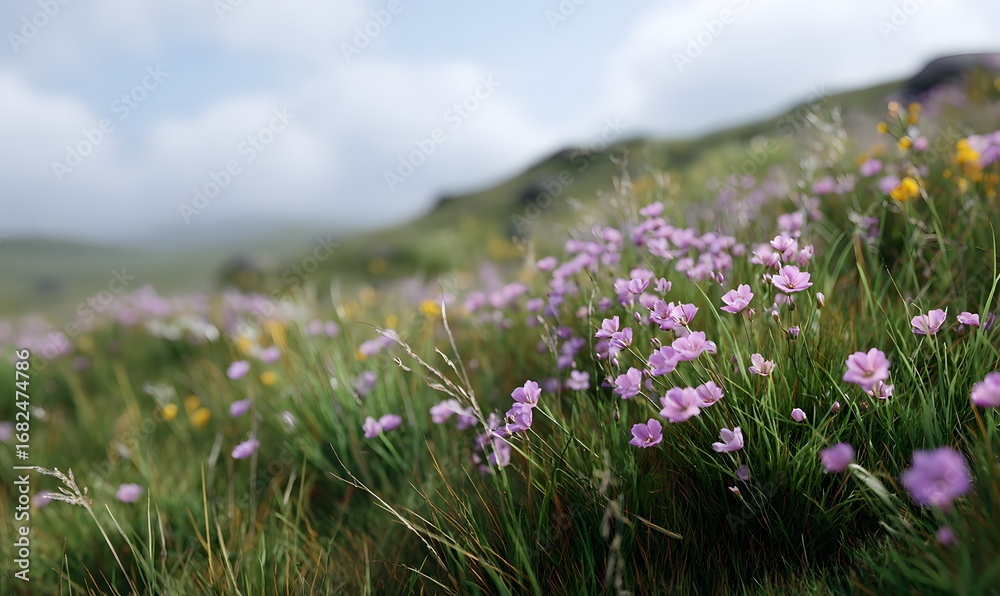 Obraz premium the vast grassland is covered with colorful flowers, pink haze fills the air