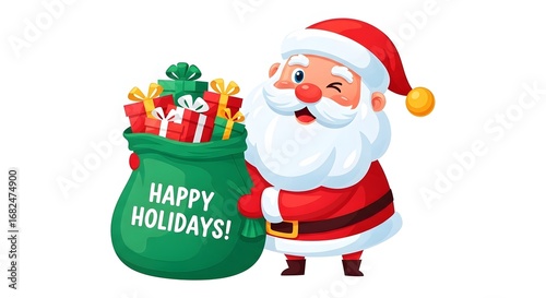 Cheerful cartoon Santa Claus winking with a green bag full of holiday gifts