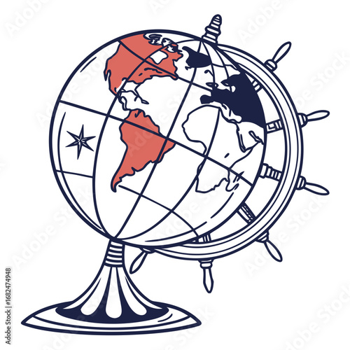 Globe with nautical steering wheel and continents world earth