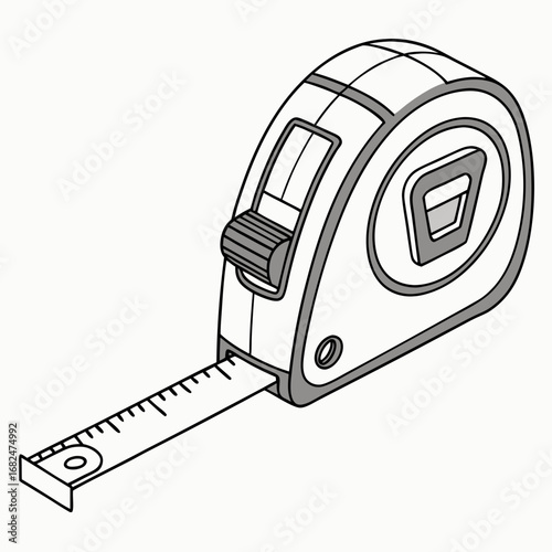 Gray and white measuring tool with extended tape measuring tape retractable