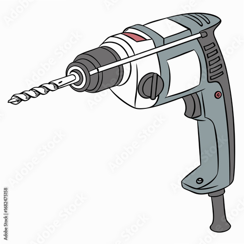 Gray power drill with spiral bit tool handheld