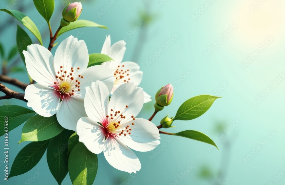 Obraz premium White blossoms with pink buds on a branch against a soft, blurred background