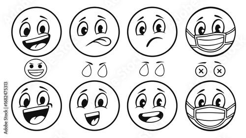 Hand drawn emoji faces with various expressions and medical mask illustration happy