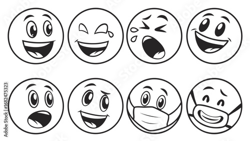 Hand drawn emoji faces with varied expressions and mask illustration