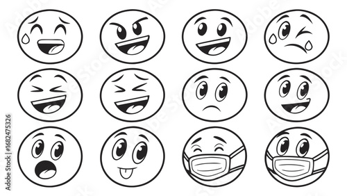 Hand drawn expressive faces with varied emotions and medical masks emoji expressions