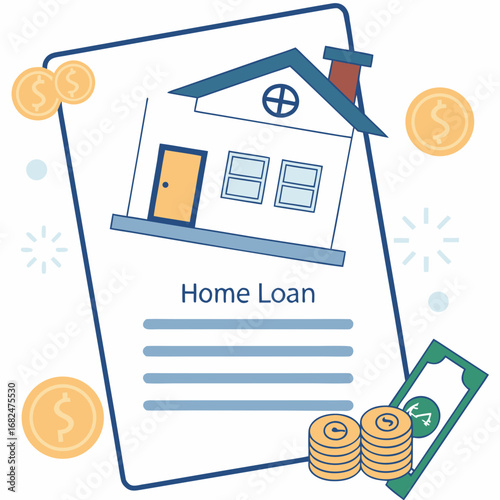 House loan document with coins and banknote money