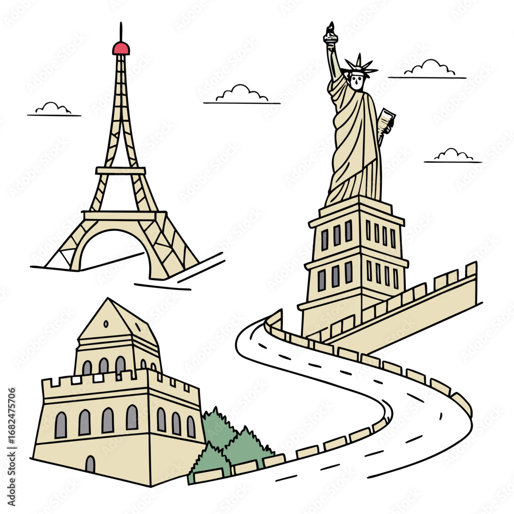 Obraz premium Iconic Landmarks Travel Montage Eiffel Tower Statue of Liberty