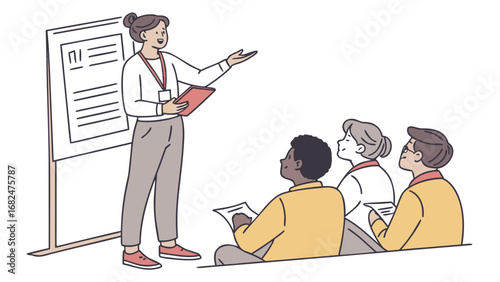 Instructor teaching diverse audience with presentation board and papers vector