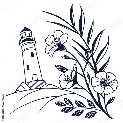 Lighthouse and blooming flowers on a white background beacon maritime
