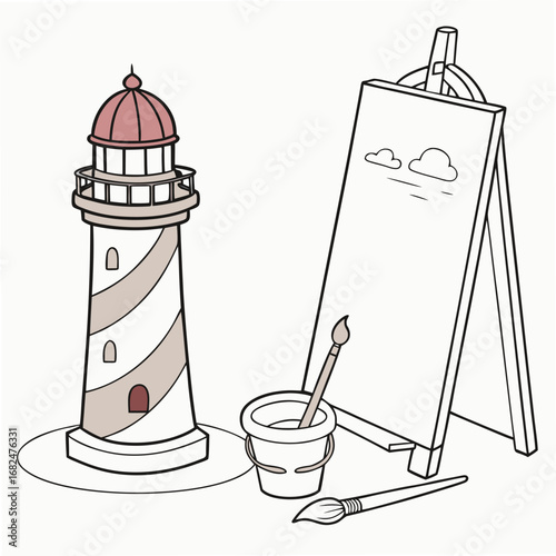 Lighthouse painting easel and art supplies vector