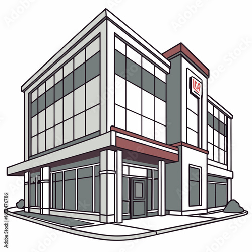 Modern commercial building with glass facade and signage modern architecture office building