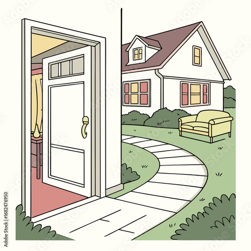Open door to suburban house with yellow couch pathway