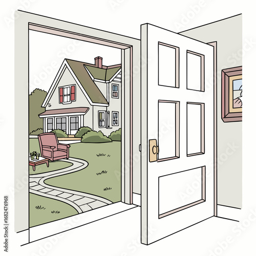Open doorway showing house and garden with armchair home