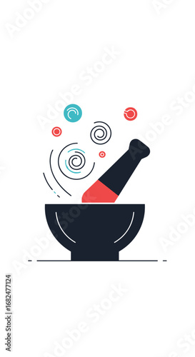 Mortar and pestle grinding herbs and spices releasing aromas and flavors for culinary and medicinal uses