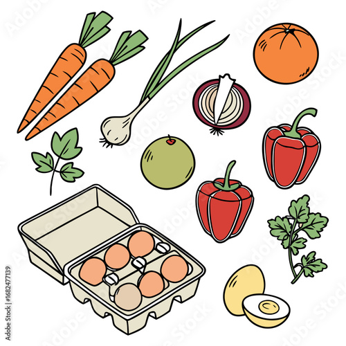 Orange carrots green onions red peppers eggs and olive vector