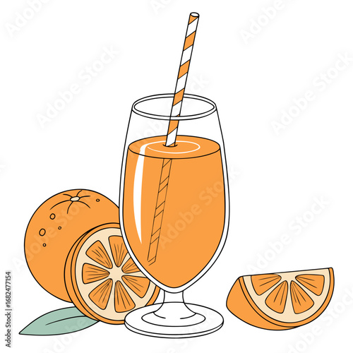 Orange juice glass with citrus fruit slices and straw vector