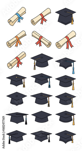 Collection of graduation caps and diplomas representing academic achievement and formal education milestones