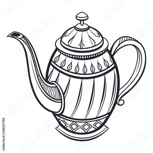 Ornate black and white teapot with decorative patterns kettle beverage