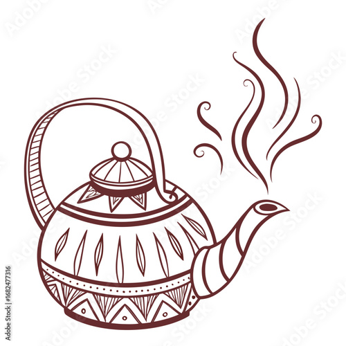 Ornate teapot with swirling steam kettle drink