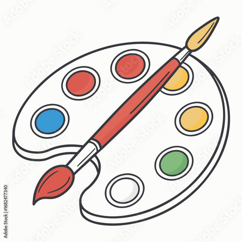 Oval paint palette with brush and colorful paint blobs artist brush red paint