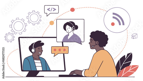 People communicating via computer and headset virtual meeting communication