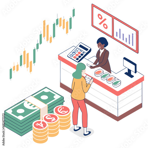 People exchanging currency at a counter with financial charts currency exchange finance