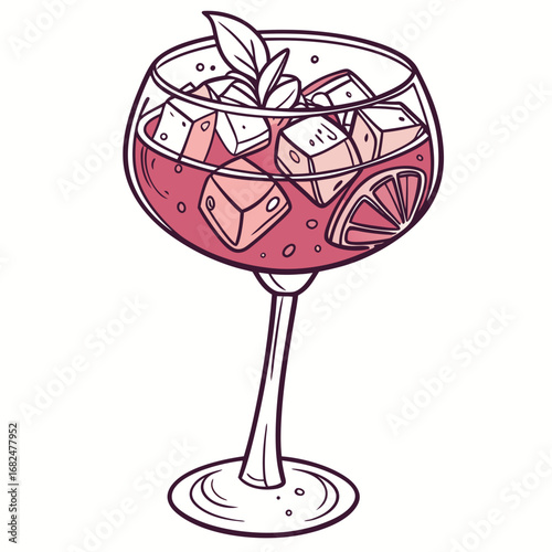 Pink cocktail with ice cubes and citrus slice drink beverage