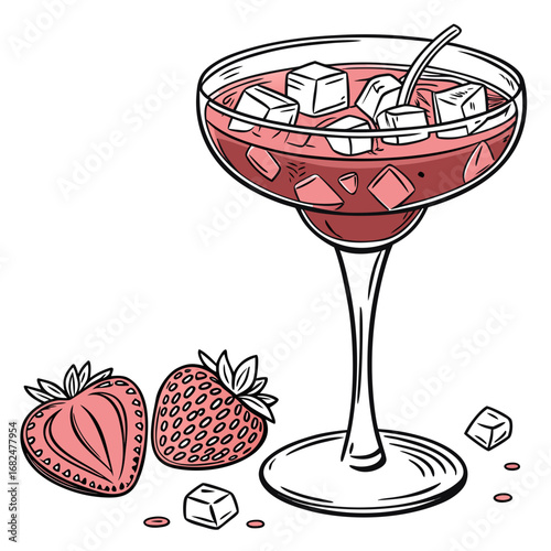 Pink cocktail with ice cubes and strawberries drink glass