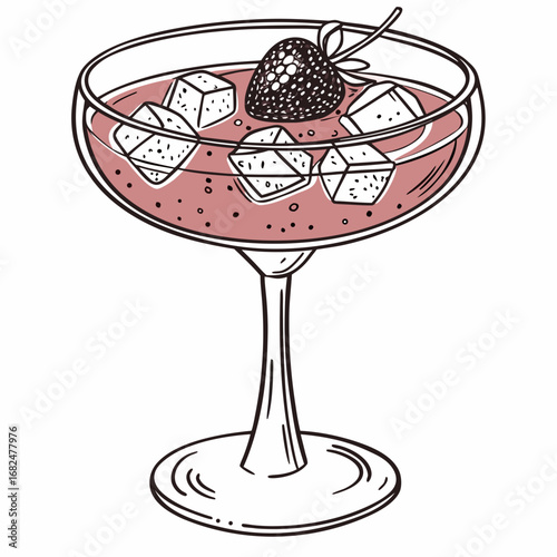 Pink cocktail with strawberry and ice cubes drink glass