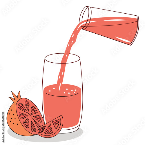 Pomegranate juice being poured into a glass with fruit pouring