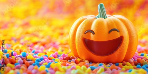 Happy halloween pumpkin with a big smile sitting on colorful candy in a festive setting